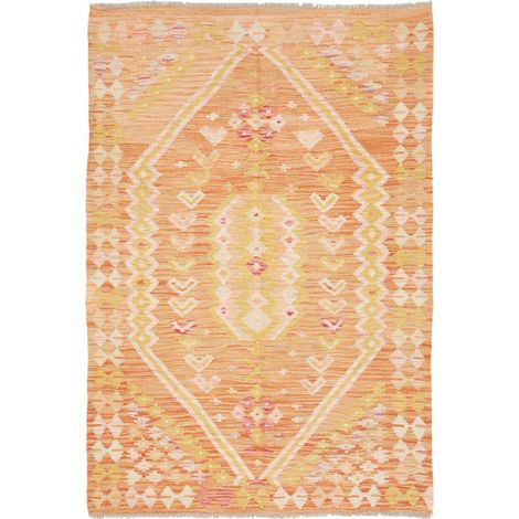 Tapis kilim 103 x 151 cm, motif ethnique, orange, crème et jaune, en laine naturelle, tissé à plat, authentique (1/5)