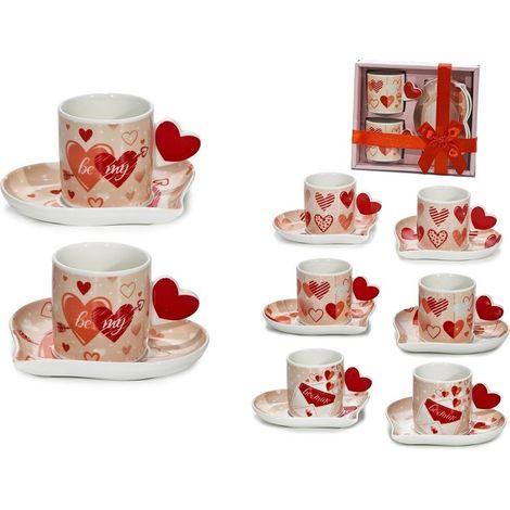 TRADE SHOP - Set 2 Tazzine 8cl Con Piattini A Tema San Valentino Con Manici A Cuore Per Caffè Espresso - (1/3)