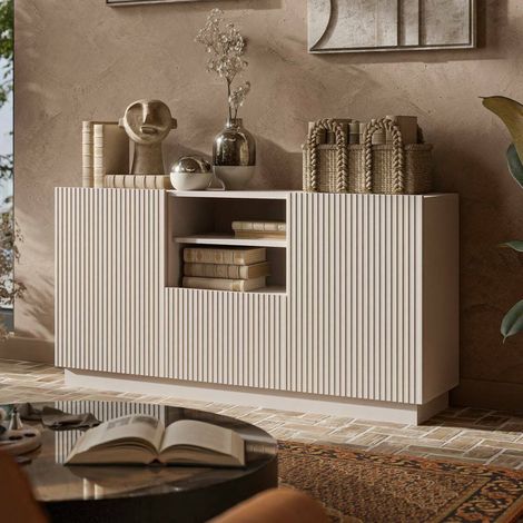 Aparador Serchio, aparador de salón con dos puertas batientes, un cajón y dos compartimentos abiertos, diseño efecto estriado, 150 x 40 h 78 cm, beige (1/5)