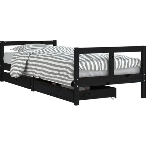 Lit simple Cadre de lit enfant tiroirs noir 80x200 cm bois de pin massif
