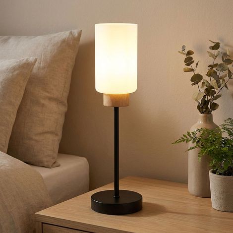 Tischleuchte Schalter Nachttischlampe Metall schwarz matt Holz Eiche H 42 cm