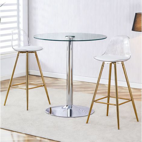 Runder Stehtisch aus Glas Ø89 cm mit 2 Barhockern, goldene Beine HAVRYA (1/5)