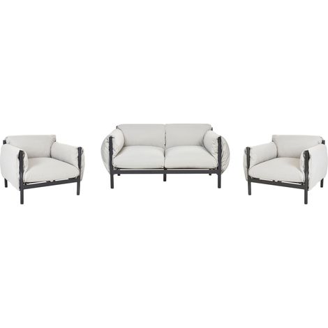 Sofá 2 plazas con 2 sillones de metal gris claro negro cojines de tela Esperia