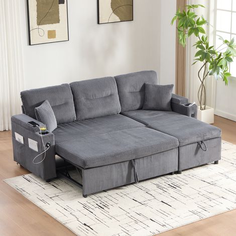 Divano letto 3 posti 212,5x136x86 cm in velluto a coste grigio con contenitore FloraGrace (1/5)