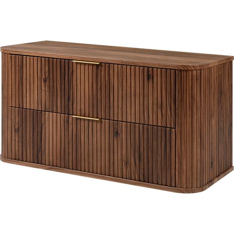 Mobile da bagno a terra con cassetti e piedini in metallo, colore Rovere-Noce, maniglia oro, piedini oro, 100 x 41,5 x 66,7 cm (1/5)