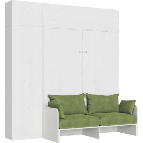 Lit double escamotable Kentaro 160 cm avec canapé et meubles en frêne blanc, vert