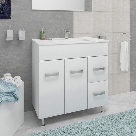 Saniverre – Meuble salle de bain sur pieds avec vasque simple céramique blanche L. 80 cm – 2 portes battantes et 2 tiroirs coulissants – Finition brillante — vue 2