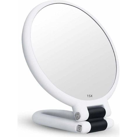 KLVGTIFS PU - Miroir Grossissant x15 Double Face Miroir Pliable avec Poignée, Miroir de Maquillage à Main Miroir à Palette de Coiffeurs Miroir Pliant Utilisé pour Divers Détails de Maquillage (blanc)