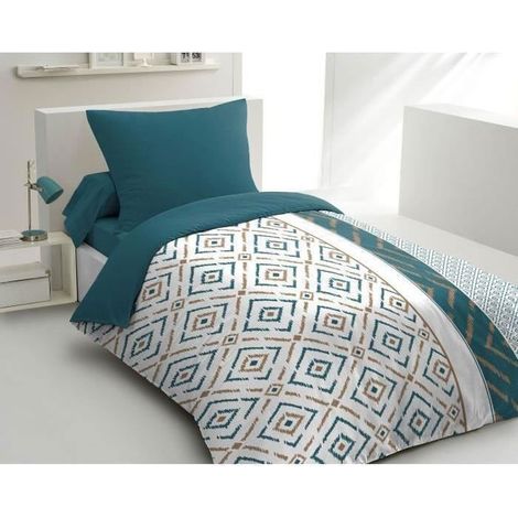 Einfassung aus Mikrofaser Ethno - 1 Bettbezug 140x200 cm + 1 Kissenbezug 63x63 cm - Entenblau - HOME LINGE PASSION