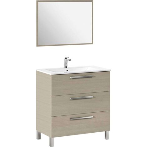 Meuble de salle de bain avec 3 tiroirs et miroir, module sous-vasque avec pieds, couleur chêne, 80 x 86 x 45 cm (l x h x p) (1/5)