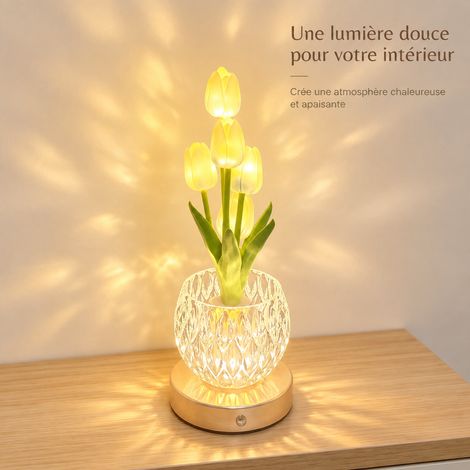 Veilleuse LED Tulipe Planète Lampe de Table Blanc Rechargeable Abat-Jour Verre 12 × 12 × 30 cm 850 g – Livraison gratuite