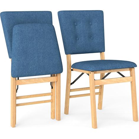 COSTWAY Lot de 2 Chaise Pliante Salle a Manger, Chaise de Cuisine Bois, Dossier Siège Rembourré, Pieds en Bois de Caoutchouc, Gain de Place, pour Salon, Restaurant (Bleu) (1/5)