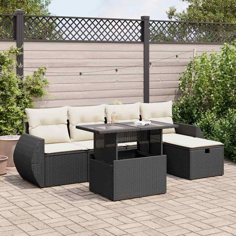 Ensemble Salon Jardin 6 Places Noir Résine Tressée avec Table Verre Trempé et Coussins Crème - Stockage Intégré (1/5)