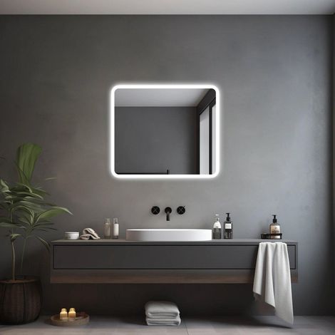Saniclass Lumen Miroir de salle de bains - 60x70cm - avec angles arrondis - installation horizontale / verticale - éclairage LED indirect - antibuée - (1/4)