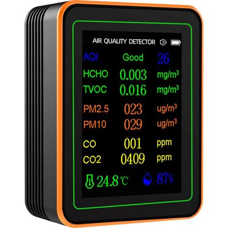 Moniteur de qualité de l'air 10 en 1 PM2,5 PM10 CO CO2 TVOC HCHO AQI Testeur de température, d'humidité et de vue de courbe avec écran couleur TFT de 2,8 pouces Détecteur de dioxyde de carbone (1/4)