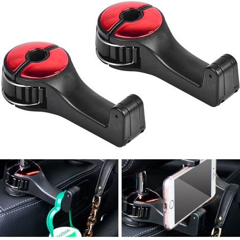 Lot de 2 crochets pour appui-tête de voiture en plastique pour sièges de voiture, crochet universel pour appui-tête de siège de voiture avec support de téléphone portable, crochet rotatif pour sac à m