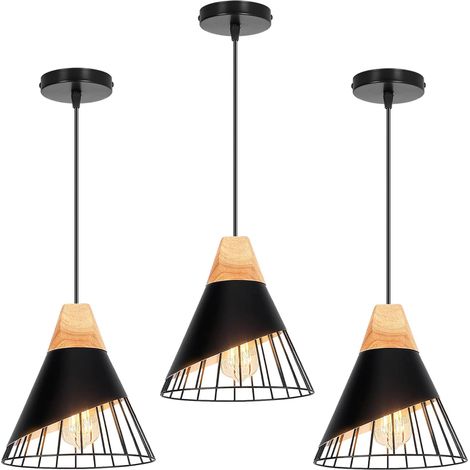Suspension Luminaire Moderne Industrielle Bois Lustre Abat-jour Métal Vintage forme Cage Ø25cm Plafonnier E27 Design pour Cuisine Chambre Salon (Noir-3pcs) [Classe énergétique A]