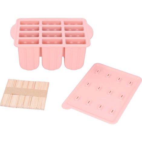 Moule à Glace Silicone 12 Cases avec Couvercle et 50 Bâtonnets - Rose (1/5)