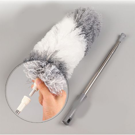 Ausziehbarer Teleskop-Staubwedel mit superfeinen Fasern, abnehmbarem Schlauch, faltbarem Faserkopf und weiß/grauer Edelstahlstange zur Reinigung (1/5)