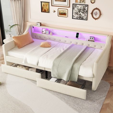 Lit banquette moderne 90x200 cm en lin beige et MDF, avec tête de lit LED, USB, 2 tiroirs et sommier à lattes (1/5)
