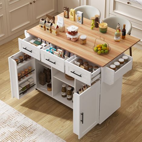 Carrello da cucina - 139x46(71)x91,5 cm - Isola XL con piano di lavoro ribaltabile e vano tipo frigorifero - Bianco e legno (1/5)