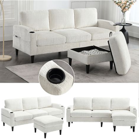 Elegantes Sofa mit Hocker & Stauraum – 4-Sitzer mit bequemen Armlehnen, Getränkehalter, Seitentaschen & robusten Kunststofffüßen, Samtbezug für hautfreundlichen Komfort