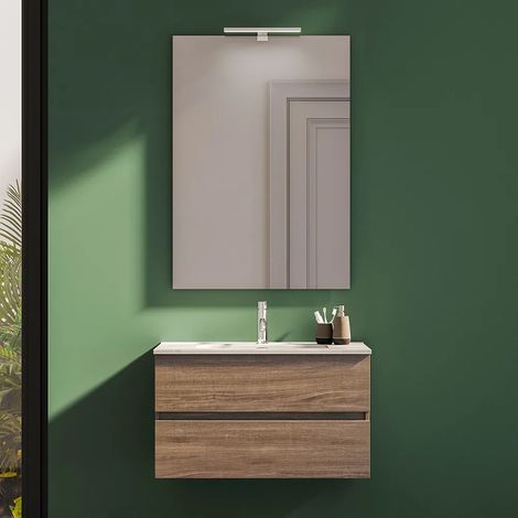 Mobile da Bagno Sospeso 90 cm Rovere Scuro con Lavabo e Specchio Inclusi Mod. Yili (1/4)
