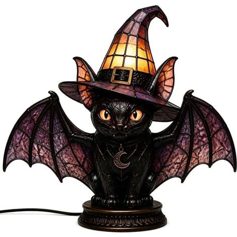 Lampe gothique d'Halloween avec chapeau de sorcière, lampe de table décorative style vintage, veilleuse LED pour chambre, étagère et table chauve-souris chat (1/5)