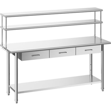 Table de Travail Cuisine Professionnelle, Poste de Travail en Inox 182,9x61 cm, pour Préparation Café Hôtel Restaurant Atelier, avec Étagère Supérieure 3 Tiroirs, Étagère Inférieure Réglable (1/5)