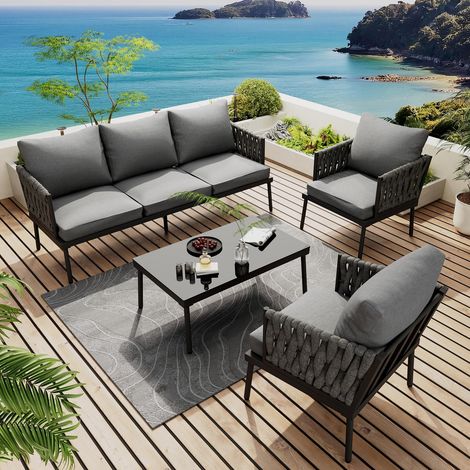 Salon de jardin, Ensemble canapé 4 places avec canapé 3 places 2 fauteuils et table basse,  Gris