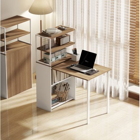 Klappschreibtisch 105 x 60 x 127 cm mit 4 Regalen, natürliche Holzoptik OKMYHOME (1/5)