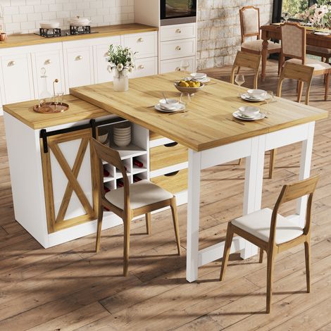 MODFU – Isola cucina 120-197x40x72 cm in MDF con tavolo modulabile, anta scorrevole, 3 cassetti e carico 60 kg – Bianco/rovere (1/5)