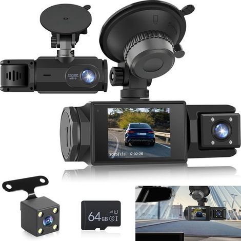 Cámara de salpicadero WiFi para coche: cámara inalámbrica de 3 canales con aplicación, Full HD 1080P, pantalla IPS de 2”, tarjeta 64 GB incluida (1/5)