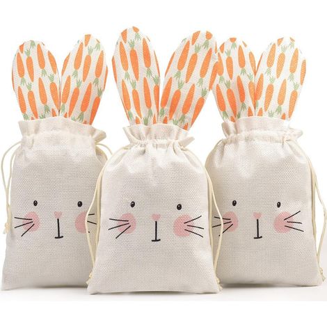 3 dekorative Ostergeschenktüten mit Kordelzug, Jutesäckchen mit Hasenmuster und Ohren, geeignet für Süßigkeitenpartys, Geburtstagsdekorationen und Überraschungen bei der Ostereiersuche. (1/5)