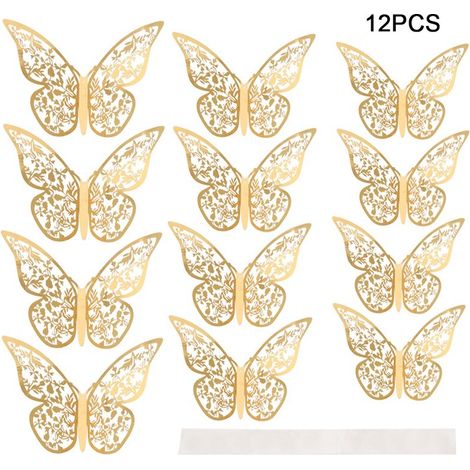 Autocollants muraux papillon creux 3D, 12 pièces, Texture métallique, salon, chambre à coucher, décoration de la maison-Crezuo