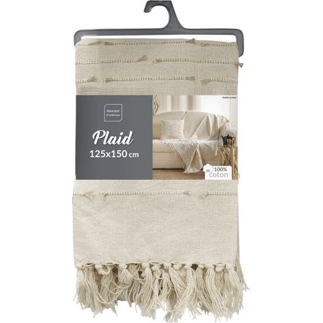 Douceur D'Intérieur – Plaid coton écru 125x150cm – Finition franges – Lavable à 30° – Pour décoration intérieure