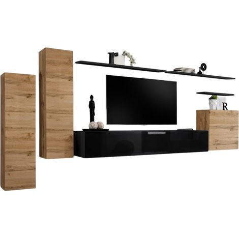 Ensemble meuble salon SWITCH I design, coloris chêne Wotan et noir brillant. (1/2)
