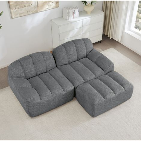 Sofá modular 210/165/79 cm gris de felpa granulada, sin montaje, con ottomana (1/5)