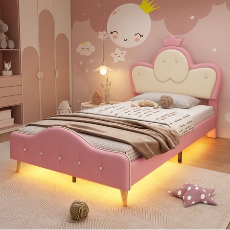Cama infantil individual tapizada moderna PU rosa y blanco 90x200 cm con cabecero corona, LED y somier de láminas (1/5)