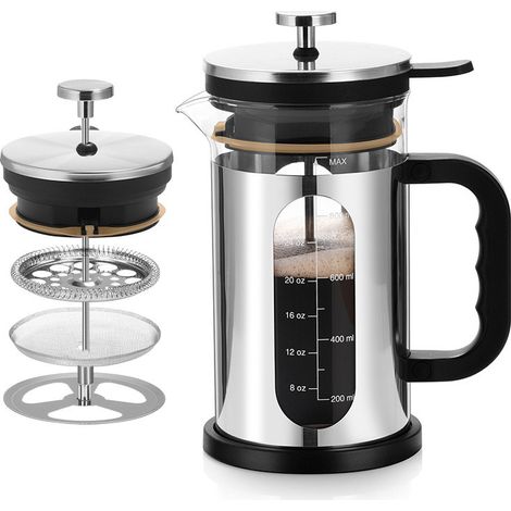 French Press- 1LTasses Argent Cafetière - Verre Résistant & Filtre Inox - Sans BPA Passe au Lave-Vaisselle10.810.822cm (1/4)