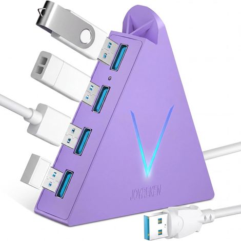 Hub USB 3.0 à 4 ports avec câble de 0,6 m – Répartiteur USB pour ordinateur portable, PC, PS4, PS5, Xbox, souris, clavier, disques durs, disque dur mobile (violet clair) (1/5)
