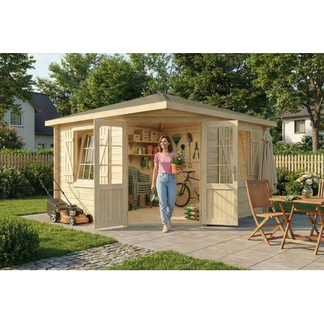 Alpholz 5-Eck Gartenhaus Monica Royal Gartenhaus aus Holz, Holzhaus mit 40 mm Wandstärke, Blockbohlenhaus mit Montagematerial