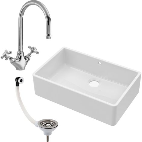 Fireclay 795mm 1 Bowl Butler Kitchen Sink with Overflow - Mixer Tap & Waste - Ceramic Kitchen Sink & Tap (1/5)