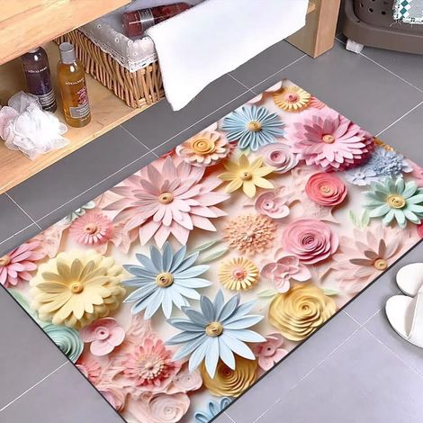 Rutschfester und ultra-saugfähiger Badteppich aus Kieselgur – Schmutz- und verschleißfester Badezimmer-Vorleger, Ölgemälde-Motiv (2 blaue Blumen, 50 x 80 cm)-lsw