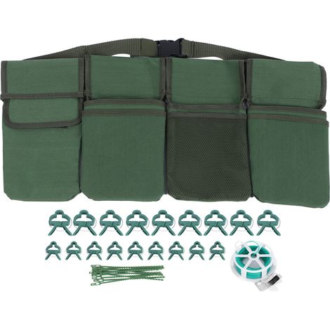 Kit d'outils de jardinage comprenant un sac banane vert, des clips de support pour plantes et des attaches de câble réglables. (1/5)