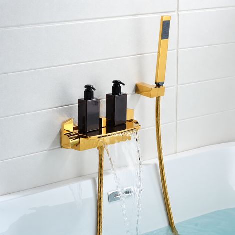 Mitigeur de baignoire cascade mural en laiton avec douchette ensemble doré 4 kg – Livraison gratuite (1/4)