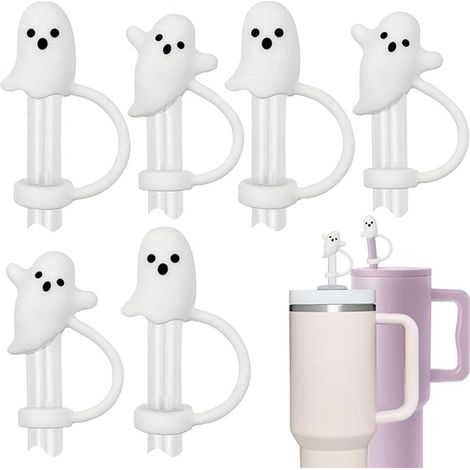 Stück weiße wiederverwendbare Silikon-Strohhalme, 2,9 x 2,54 x 2,54 cm und 2,9 x 2,03 x 2,03 cm, Geister-Halloween-Dekorationen (1/5)