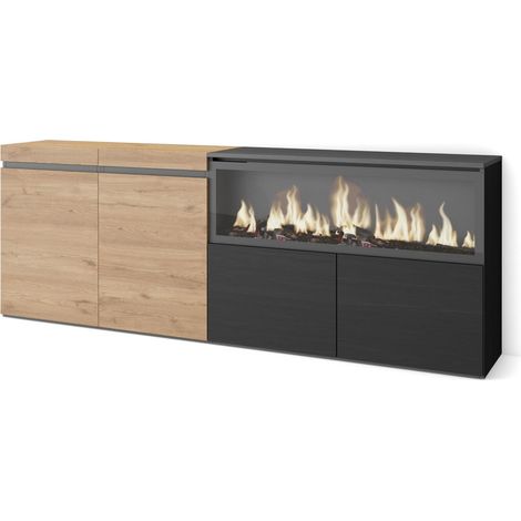Buffet Salon et Cuisine Meuble de Rangement, Commode 210 4 Portes Cheminée électrique XXL Style Moderne Chêne et Noir (1/5)
