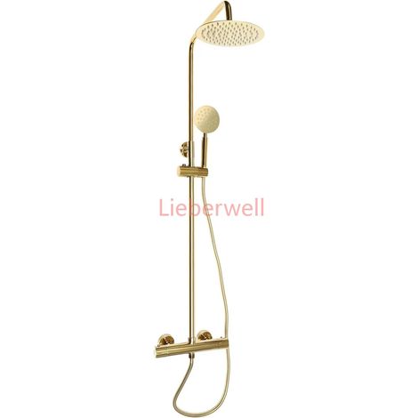 Système de douche de pluie doré, 360 ° Pulvérisation supérieure rotative/douche à main, laiton/acier inoxydable 304, température constante, support mural pour la maison (1/5)