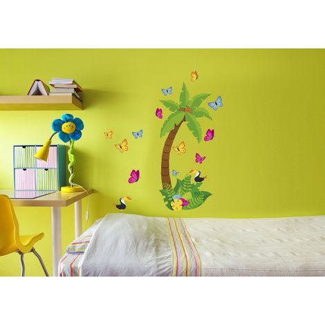 Sticker autocollant décoratif Jungle pour chambre enfant, papillons et péroquets autour d'un palmier, 68 cm X 24 cm. (1/2)
